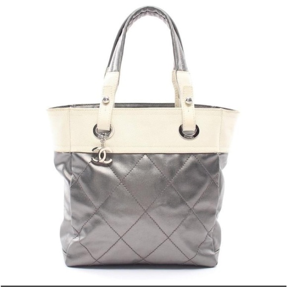 Used] CHANEL Paris Biarritz PM handbag tote bag canvas leather gray ivory/grey - Picture 3 of 16